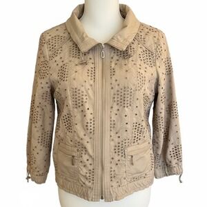 White House Black Market Beige Eyelet Jacket Wm Size 6 Zip Lightweight Lagenlook